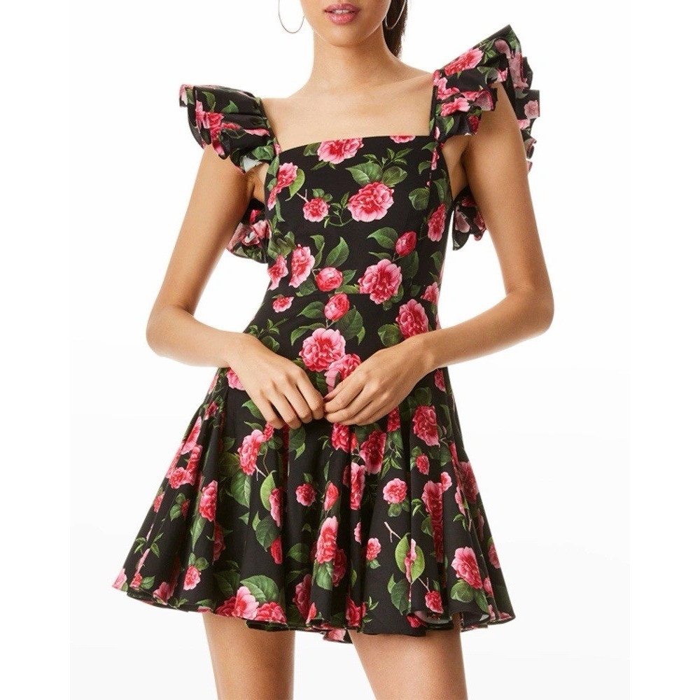 ALICE + OLIVIA GINNIE RUFFLE SLEEVE GODET MINI BLACK PINK Floral Dress Size 0